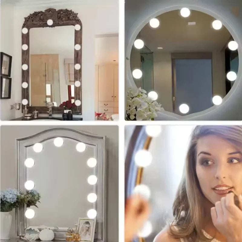 A collection of images showing a dimmable LED vanity mirror used for makeup and beauty applications.