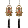 A wooden Our Lady of Guadalupe pendant charm with a gold-colored oval frame and black tassel.