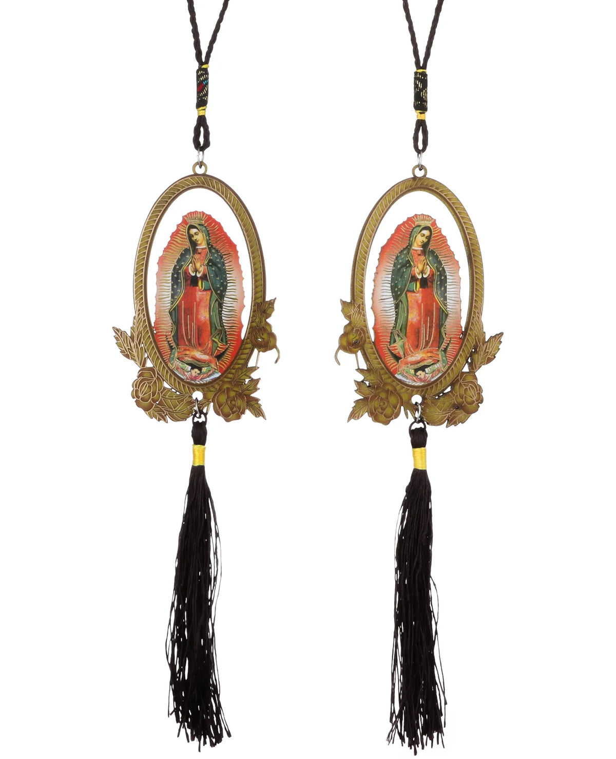 A wooden Our Lady of Guadalupe pendant charm with a gold-colored oval frame and black tassel.