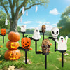 Collection de lumières piquets d'Halloween solaires blanches et oranges pour décoration de jardin, présentées dans un cadre e