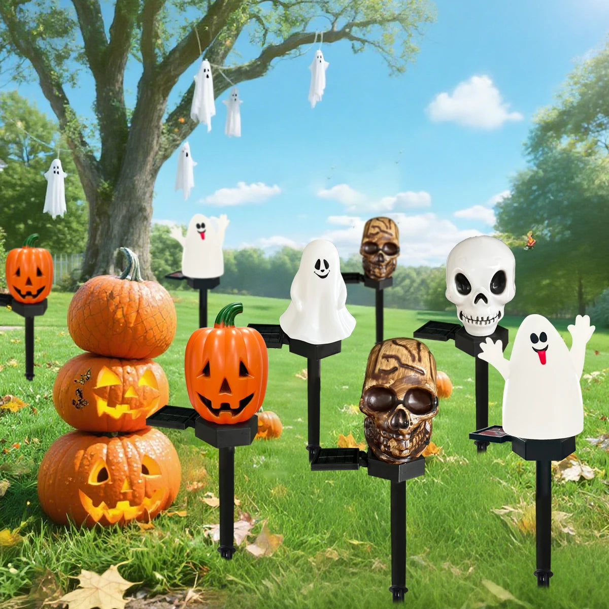Collection de lumières piquets d'Halloween solaires blanches et oranges pour décoration de jardin, présentées dans un cadre e