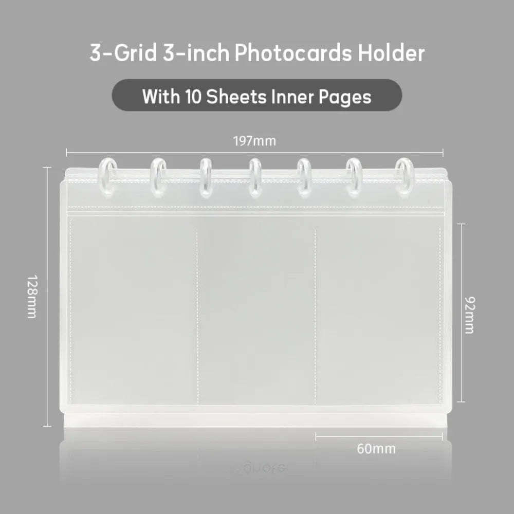 A clear plastic 3-grid photo card holder with ten sheets inside, shown from the top view.