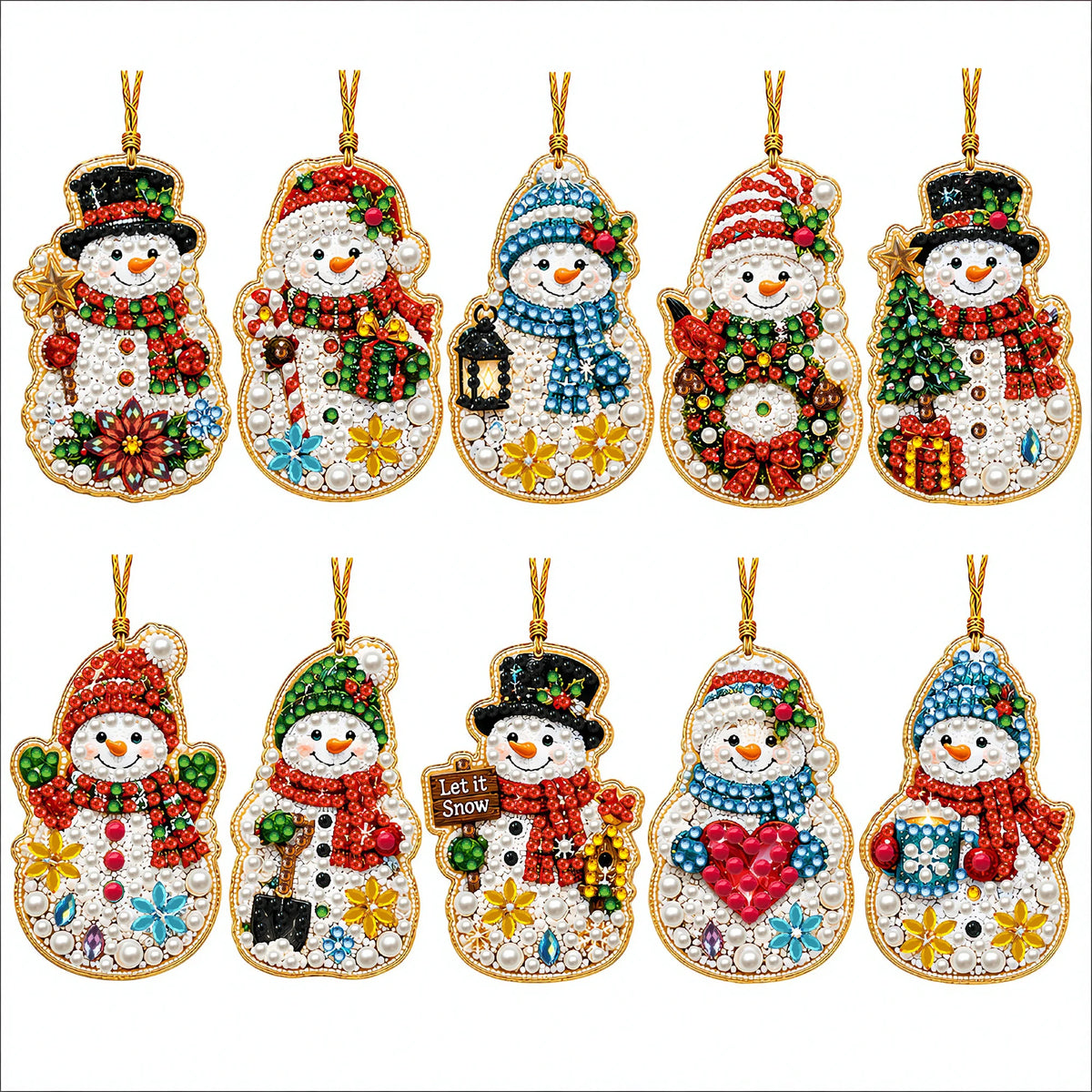 A set of Christmas diamond art ornaments featuring Santa, snowman, and reindeer pendants.
