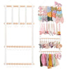Wall-mounted headband holder displaying various pastel and floral colored hair accessories