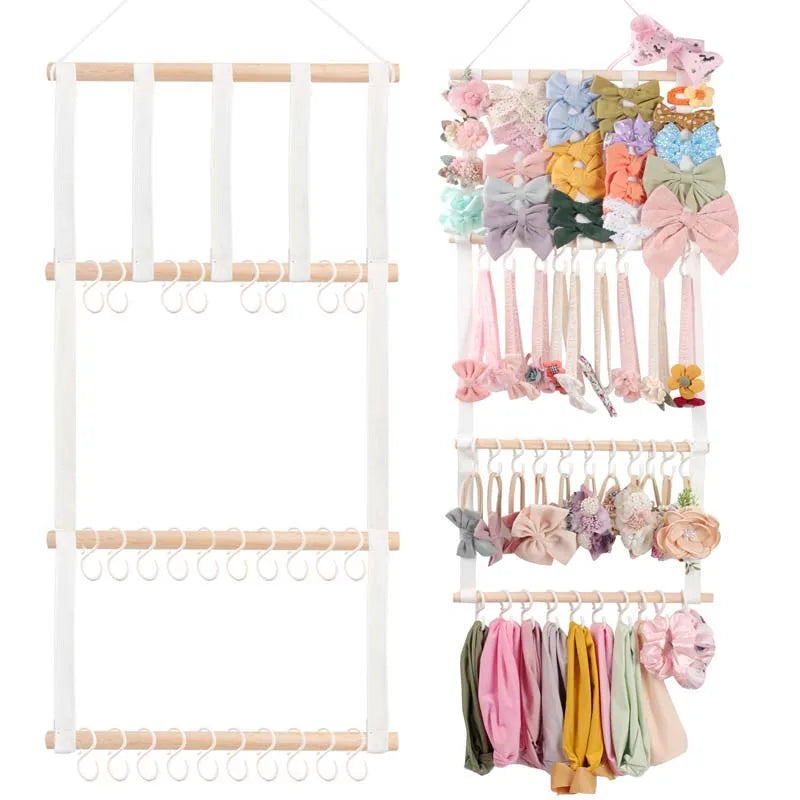 Wall-mounted headband holder displaying various pastel and floral colored hair accessories