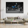 A black and white canvas wall art depicting a football match with players in action.