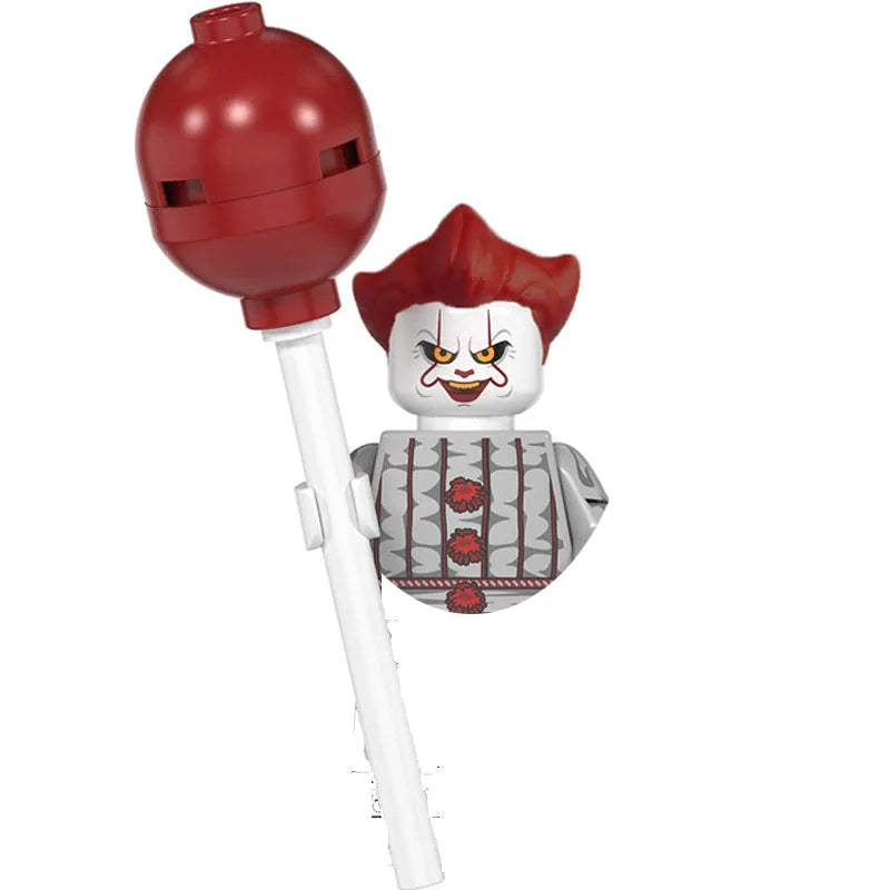 A red horror movie icon building block featuring a stylized, angry face and a crown.