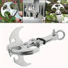 A heavy duty stainless steel gravity hook multi-tool with a serrated blade and pliers shown in various angles.