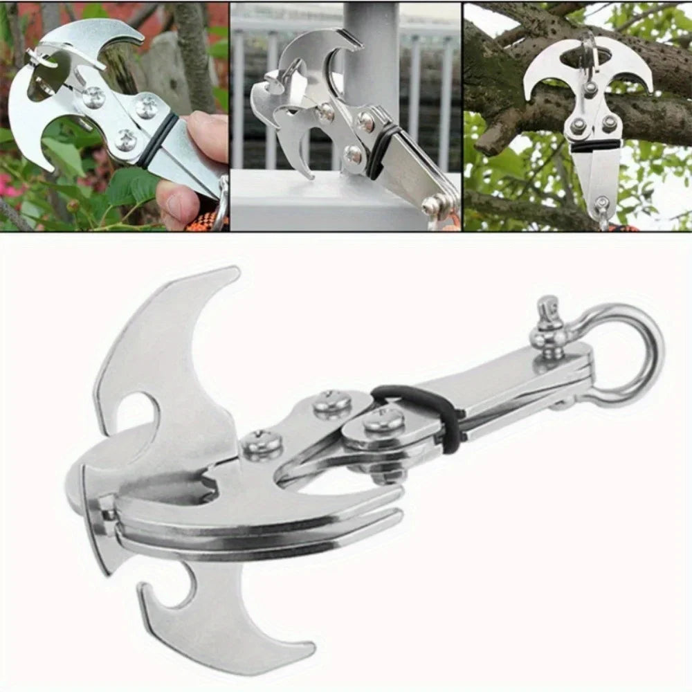 A heavy duty stainless steel gravity hook multi-tool with a serrated blade and pliers shown in various angles.