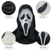 A realistic ghost face mask costume prop featuring a white and black design with detailed eye, mouth, and top/bottom features