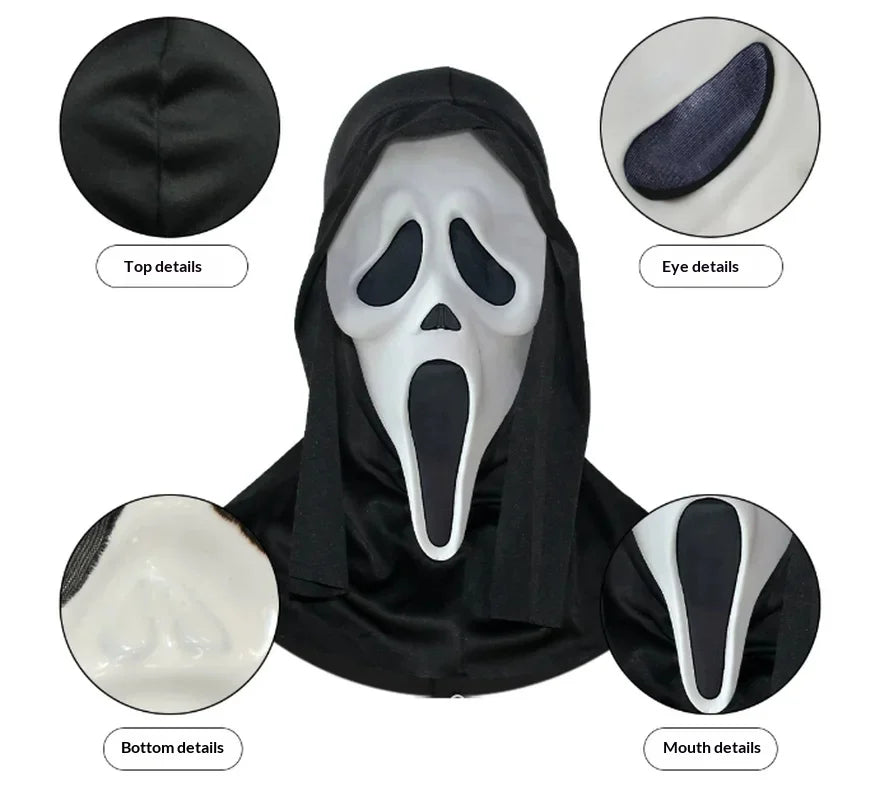 A realistic ghost face mask costume prop featuring a white and black design with detailed eye, mouth, and top/bottom features