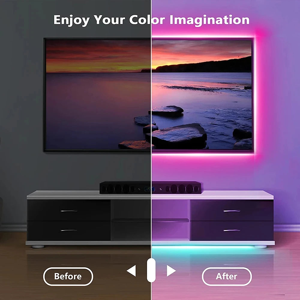 مقارنة قبل وبعد لتركيب شريط إضاءة LED بلوتوث ذكي على سطح خزانة.