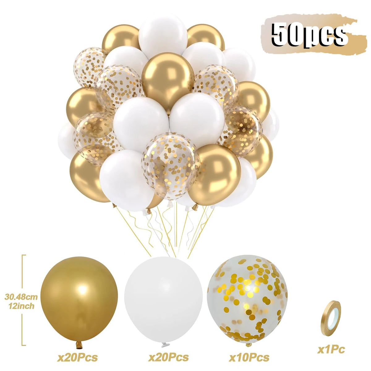 A bundle of 50 latex balloons in gold and white with confetti, shown alongside individual balloon sizes.