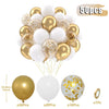 A bundle of 50 latex balloons in gold and white with confetti, shown alongside individual balloon sizes.