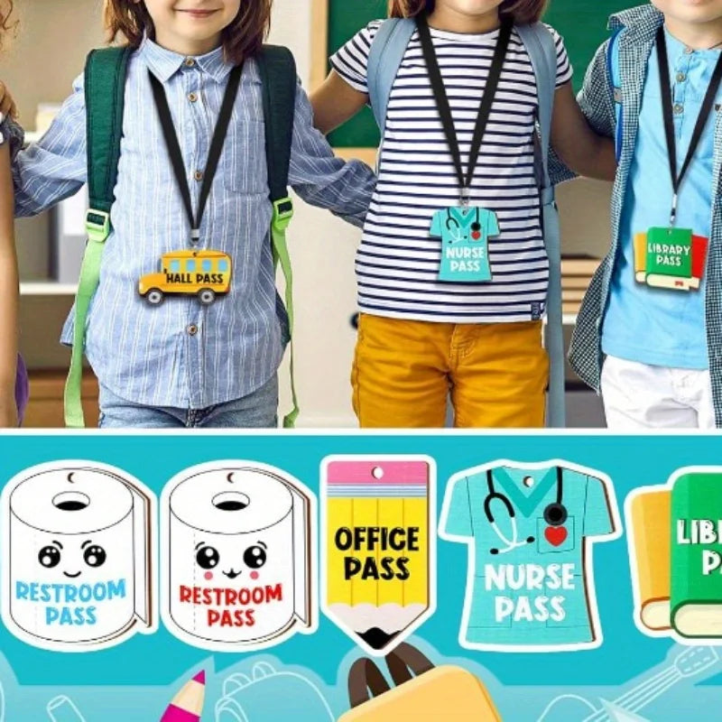 A set of six colorful lanyards and passes for different rooms, including restroom and nurse access.