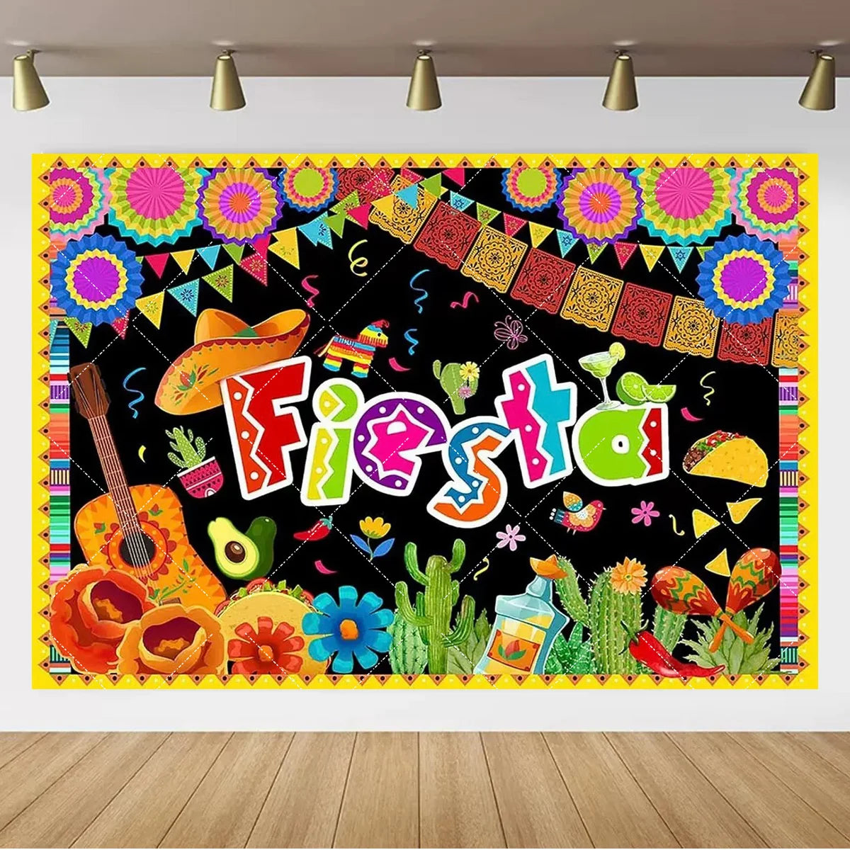 A vibrant Mexican carnival theme backdrop banner featuring colorful paper triangles, cacti, and bright lettering on a black b