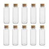 A set of clear glass vials with cork stoppers arranged in a row.