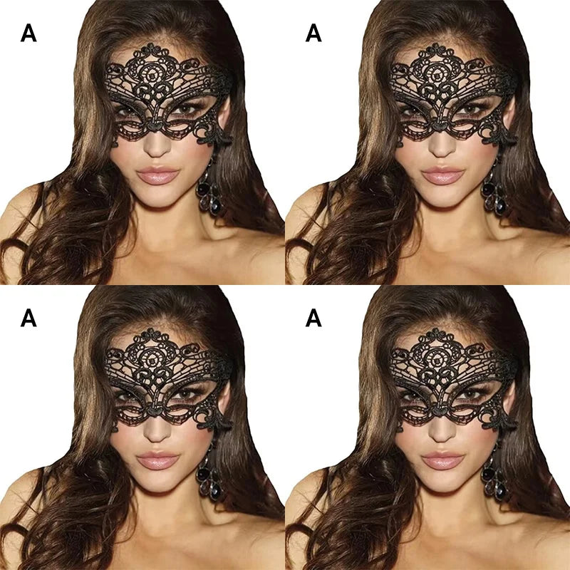 A close-up of a woman wearing an elegant black lace masquerade mask with dangling earrings.