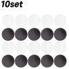 A set of ten round clear acrylic fridge magnets in white and black colors.