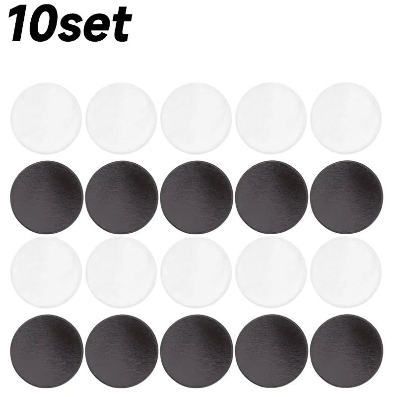 A set of ten round clear acrylic fridge magnets in white and black colors.