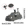 A black 3D printed display model of a Tornado intercept vehicle with various accessories shown in different angles.
