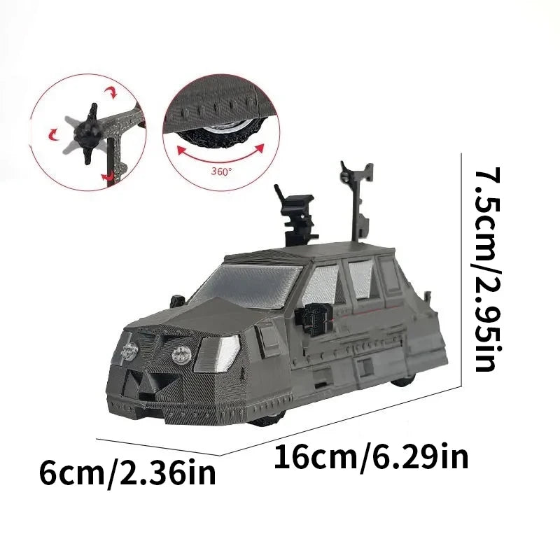 A black 3D printed display model of a Tornado intercept vehicle with various accessories shown in different angles.
