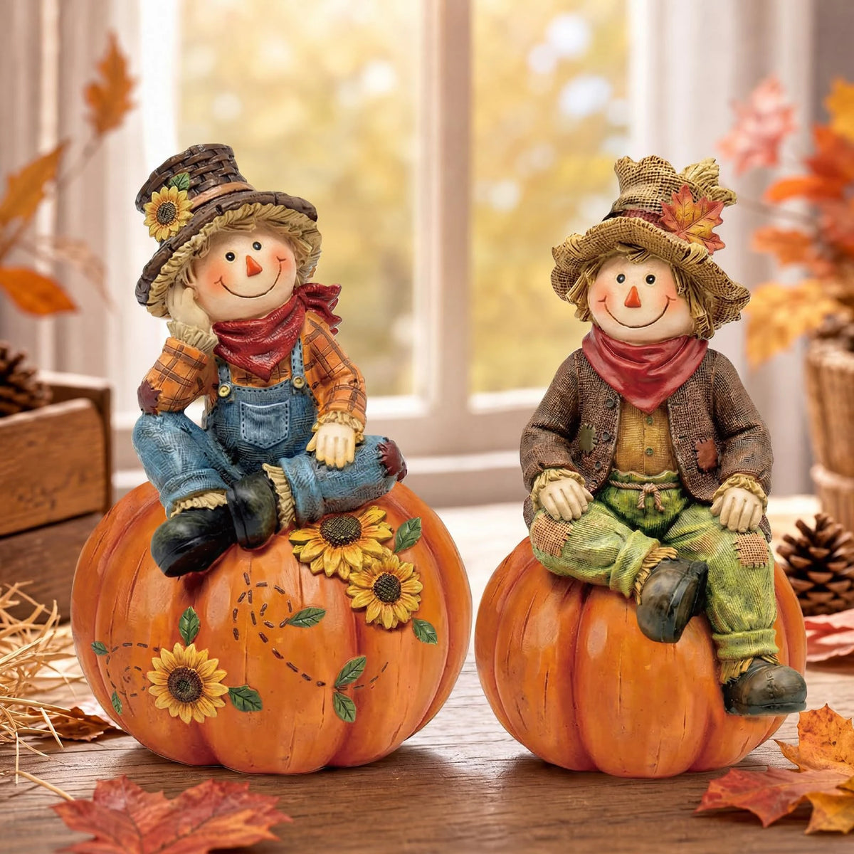 Autumn scarecrow wooden tabletop decor set featuring two scarecrows carved from wood sitting on pumpkins