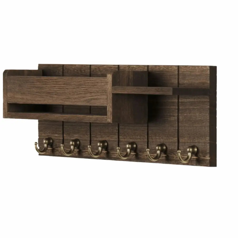 A dark brown wooden key holder featuring six hooks and a mail sorter slot.
