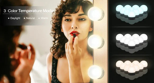 A woman looks into an LED vanity mirror with three color temperature modes displayed on the light bulbs.