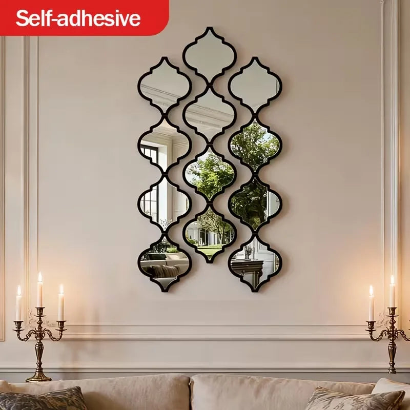 Self-adhesive Moroccan acrylic mirror wall stickers displayed on a light-colored wall.