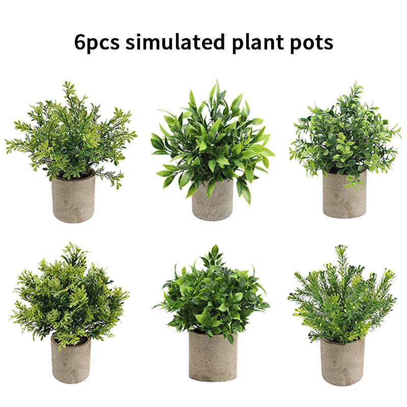 Six simulated plant pots featuring lifelike eucalyptus greenery in rustic gray pots.