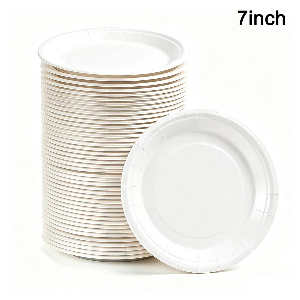 A stack of white 7-inch disposable paper plates is shown next to a single plate.