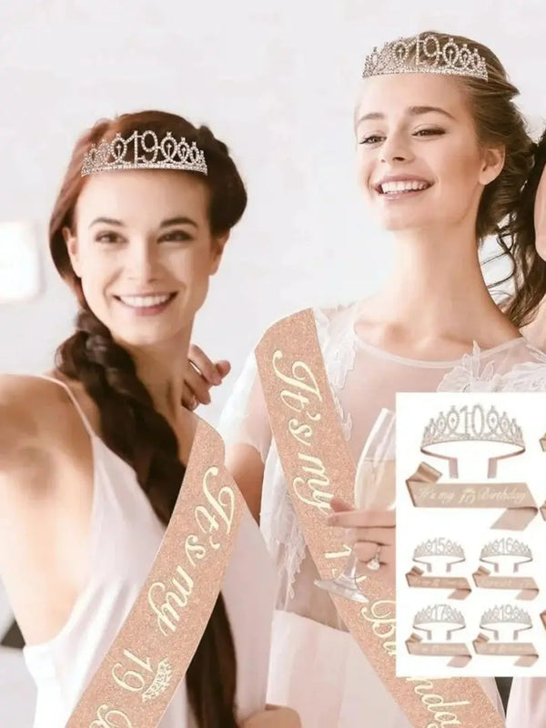 Elegant Birthday Tiara Crown & Sash Set