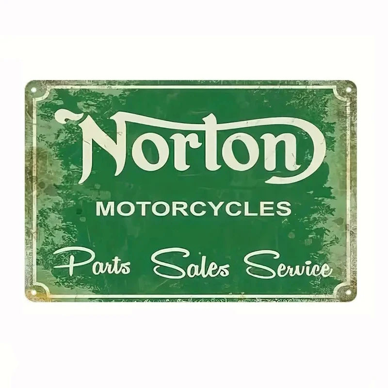 Vintage green metal tin sign for Norton Motorcycles parts sales and service