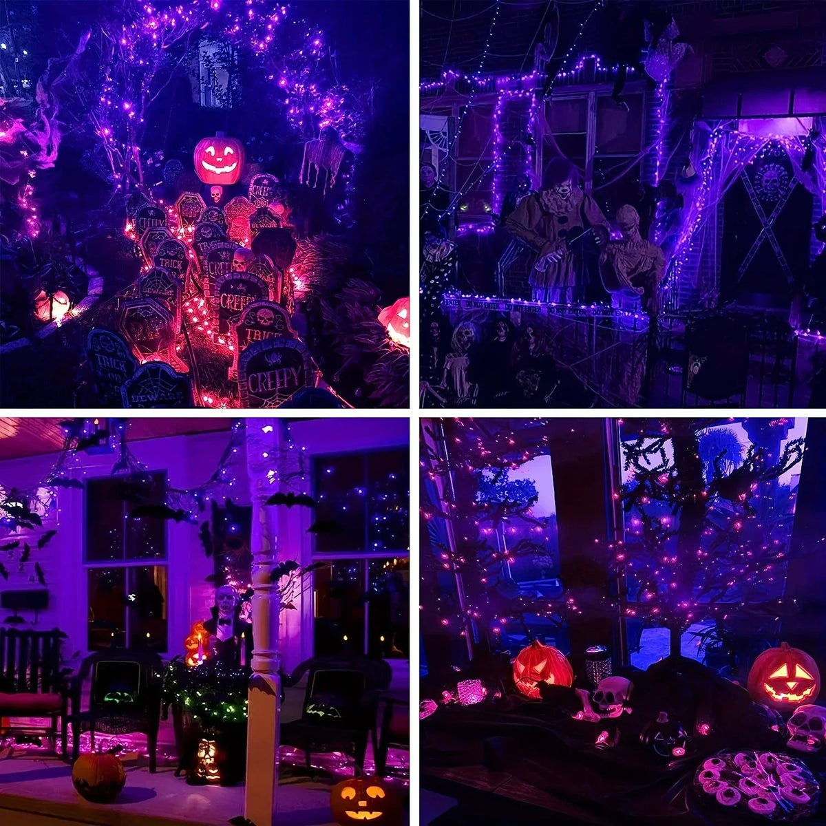 Purple and orange fairy string lights illuminating a Halloween-themed display with spooky decorations.