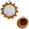 Hand-crocheted rose flower coasters featuring a white center and orange petals, displayed with dimension lines.
