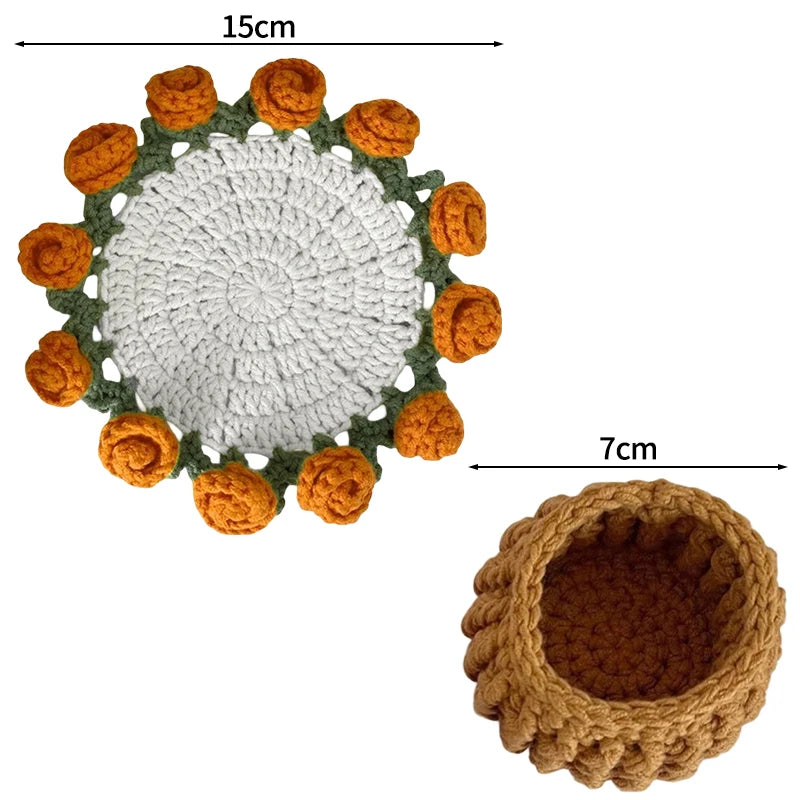 Hand-crocheted rose flower coasters featuring a white center and orange petals, displayed with dimension lines.