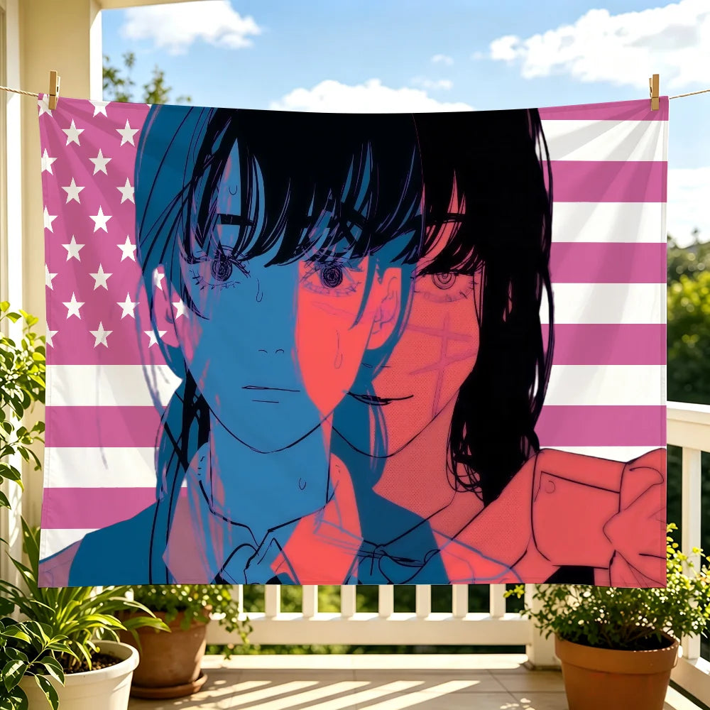 Anime tapestry wall hanging featuring a portrait of Yoru from Chainsaw Man with patriotic stripes.