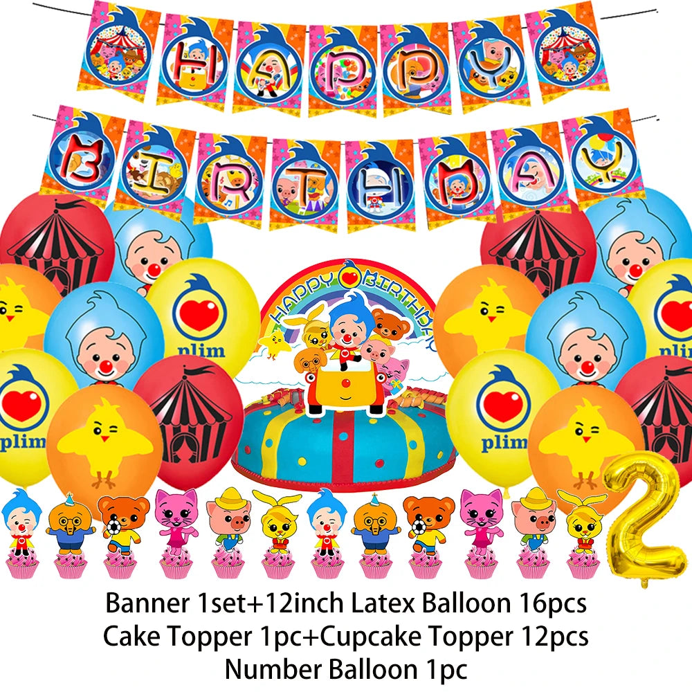 A banner featuring colorful cartoon animals and a set of latex balloons, including cake toppers and number balloons.