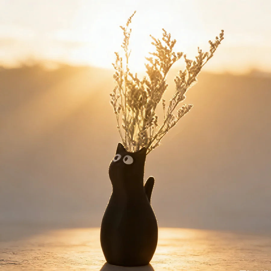 A black cat-shaped vase silhouetted against a bright sunset, holding dry, wispy foliage.