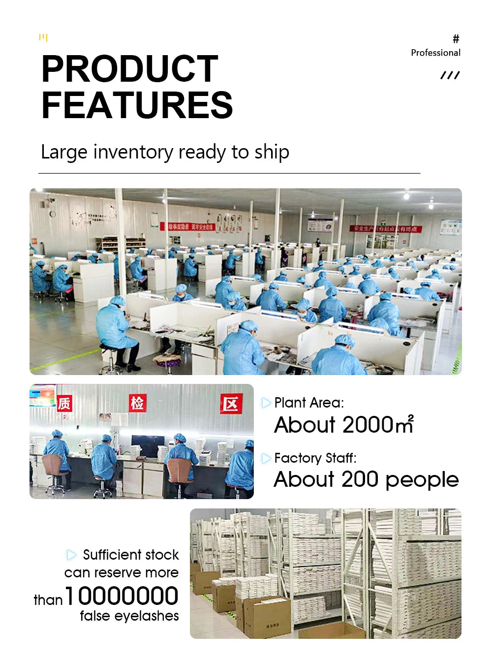 Factory setting showing workers handling and packaging large quantities of eyelash clusters for shipping.