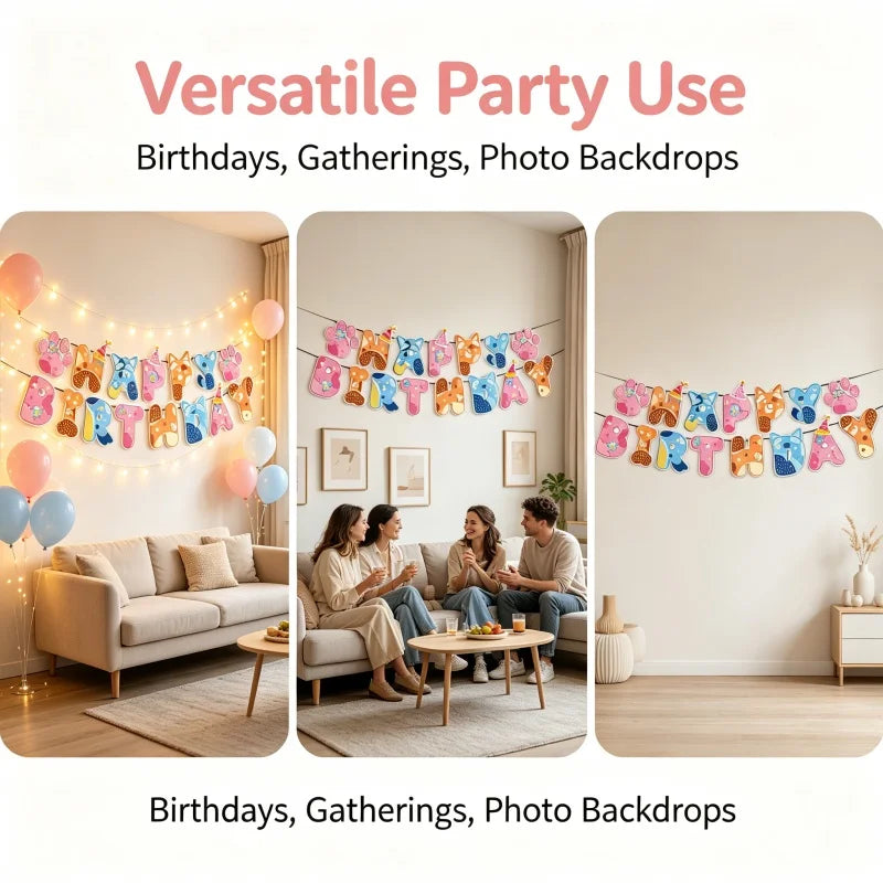 A decorative banner of colorful dog-themed paper flags strung across a wall for party use.