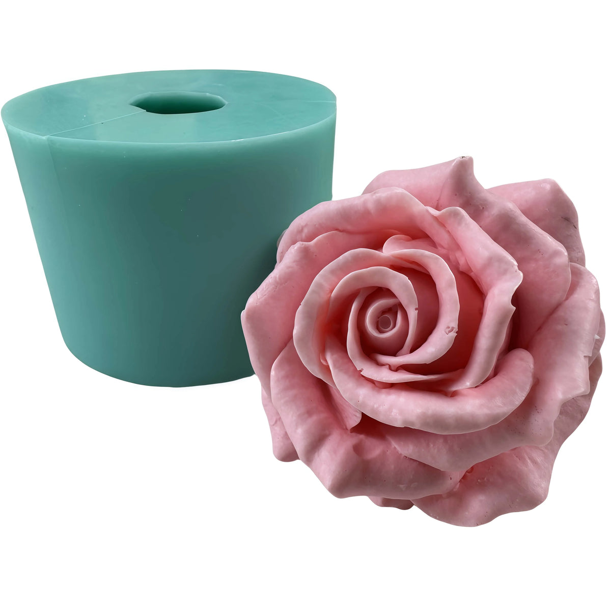 A pink silicone mold shaped like a rose is shown next to a teal plastic tube.