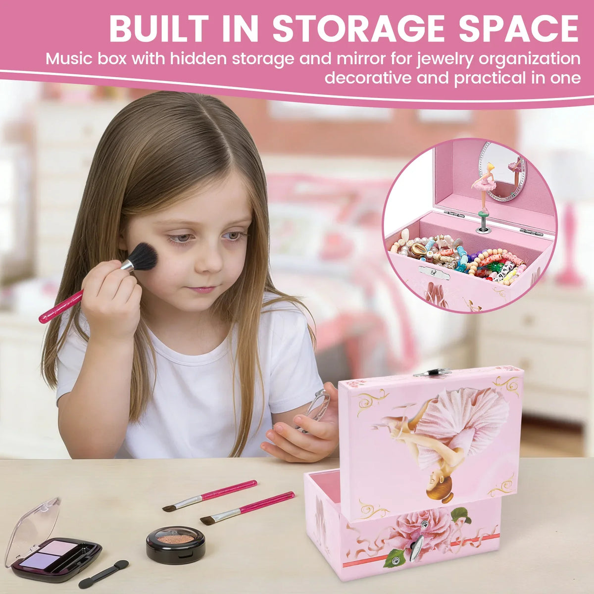 Pink wooden music box with hidden storage and mirror for jewelry organization