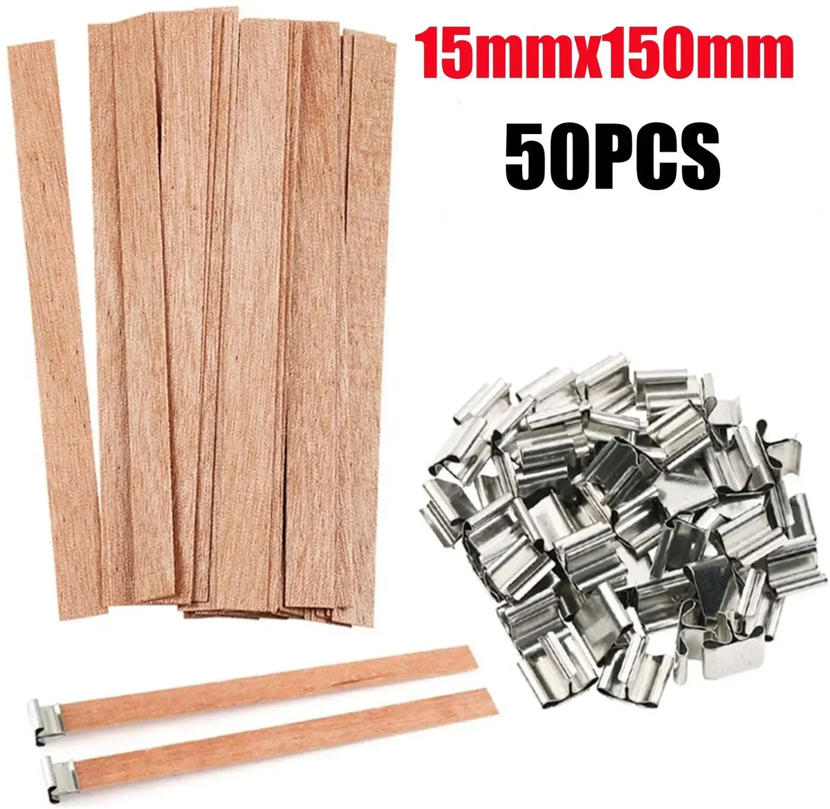Un jeu de 50 chevilles en bois et divers composants métalliques pour fabriquer des bougies en cire de soja.