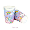 A set of ten purple and white unicorn themed cups for a birthday party.
