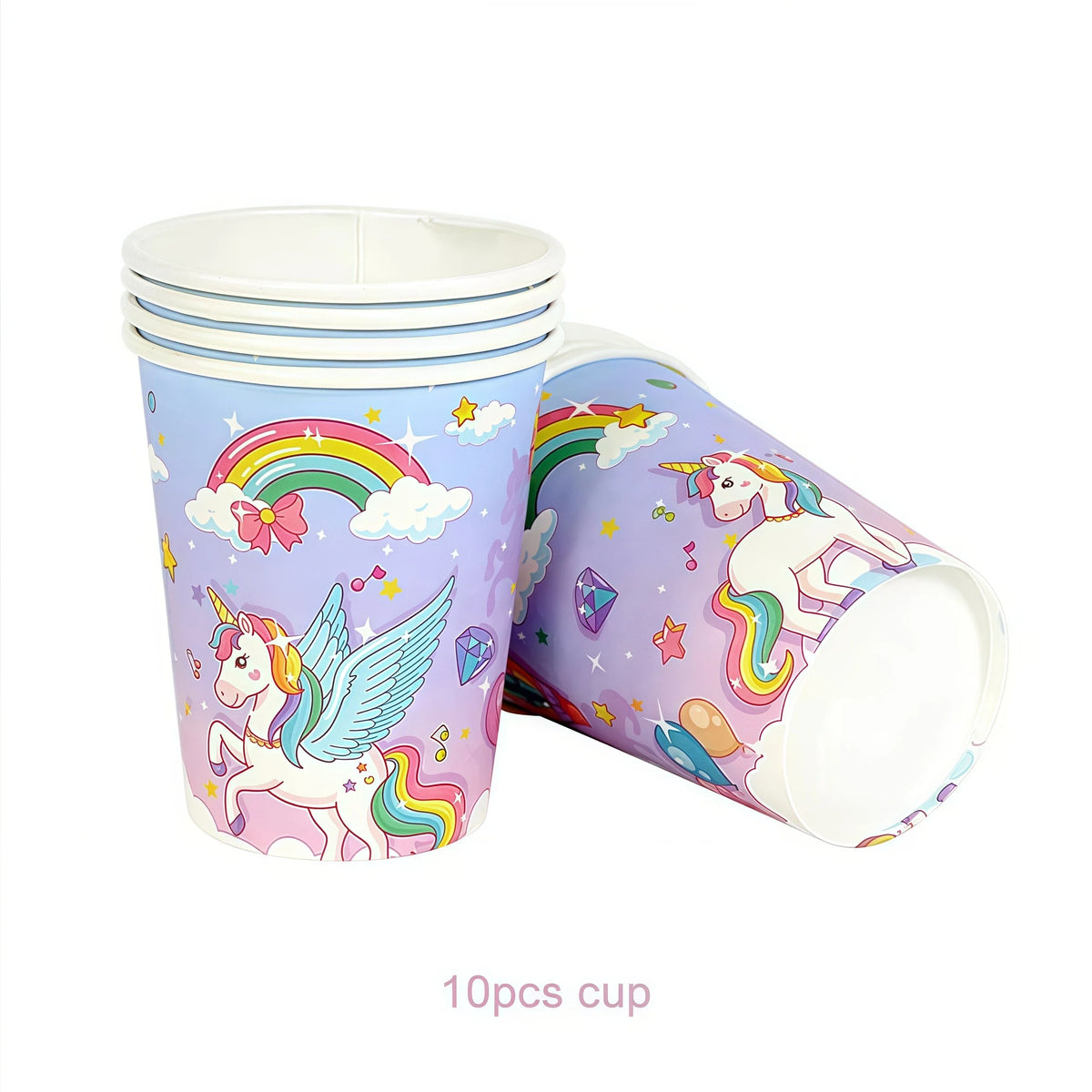 A set of ten purple and white unicorn themed cups for a birthday party.