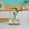 A glass vase shaped like a heart holding a green plant on a wooden stand.