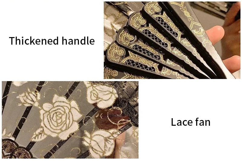 Close-up of a vintage Chinese rose lace folding fan with a thickened handle.