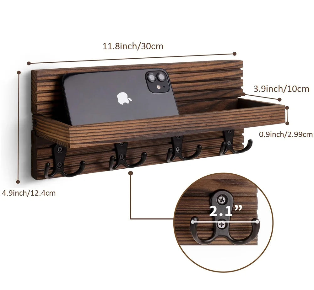 A rustic wooden key holder organizer featuring slots for holding keys and a phone.